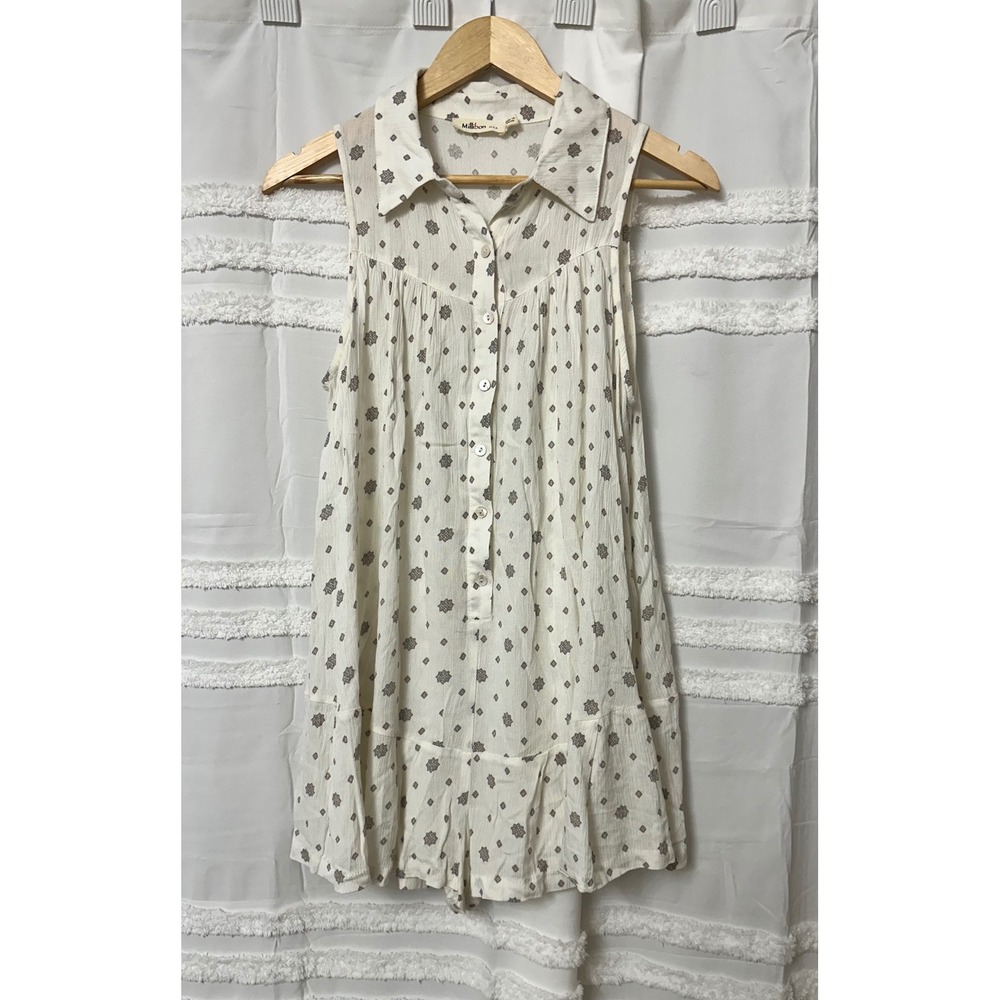 Millibon‎ USA Sleeveless Button Down Romper Ivory Geometric Cottagecore Size M